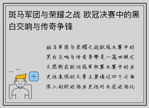 斑马军团与荣耀之战 欧冠决赛中的黑白交响与传奇争锋
