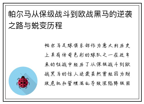 帕尔马从保级战斗到欧战黑马的逆袭之路与蜕变历程