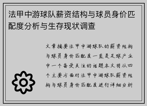 法甲中游球队薪资结构与球员身价匹配度分析与生存现状调查