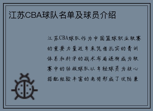 江苏CBA球队名单及球员介绍